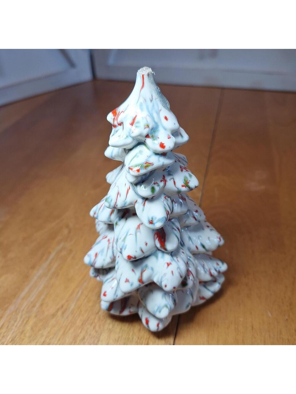 VTG Holland Mold Ceramic Christmas Tree White Multicolor Speckled Paint 5.75"H